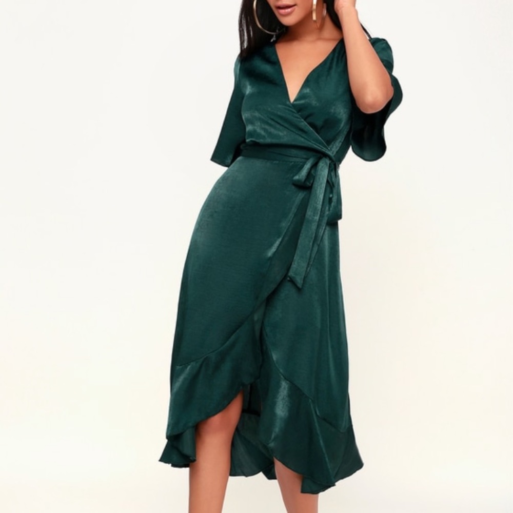 Dark green satin wrap dress
